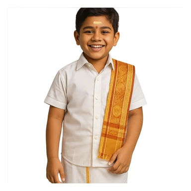 A cheerful Tamil boy wearing traditional cultural attire, including a white veshti (dhoti) and shirt, with a decorative angavastram draped over the shoulder, and a sandalwood mark on his forehead. sticker