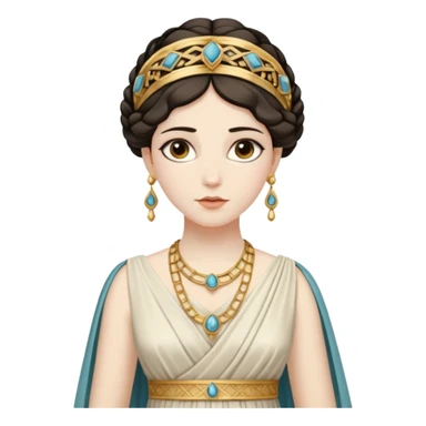 An emoji portrait of a Greek noblewoman. She wears a peplos dress with intricate folds and gold jewelry. Her expression is calm and intelligent. sticker