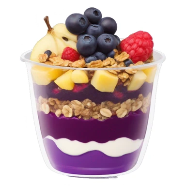 Açaí in a clear cup with layers of fruits and granola and condensed milk sticker