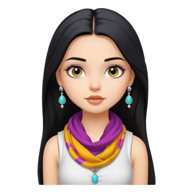 a pretty bratz girl with long black hair, kajal under eyes, small silver jhumkas. White tank top on. Colourful scarf around neck sticker