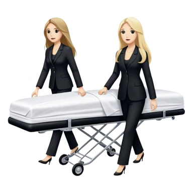 Two woman with long hair. One is brunette and one is blond. They have black pants suits on. And they are pushing a funeral stretcher in to a black Mercedes Vito funeral car. On the stretcher is a body covered in white sheets  sticker