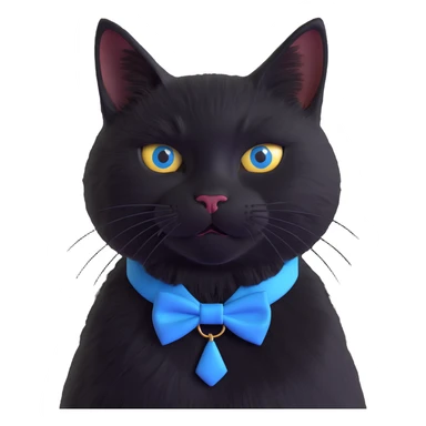 solid black cat no tuxedo with a blue bowtie collar, 3D illustration, lifelike fur, realistic lighting sticker