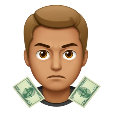 a man with money and little angry face sticker