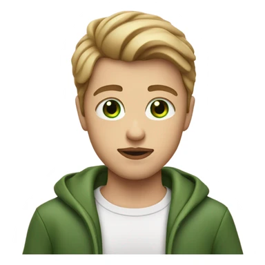 A boy with glossy lips green eyes and medium dark blonde hair with green eyes holding a heart  sticker