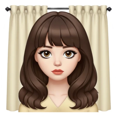 pretty baddie, brown hair, curtain bangs, cute lips, pale skin, long hair, dark brown eyes, bold black eyeliner sticker