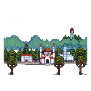 cityscape of Nalchik with iconic buildings and trees in pixel art style sticker