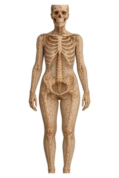 donna realistica a figura intera con red spot sparsi alle ossa, ossa visibili sul corpo, iperrealistico 4k sticker