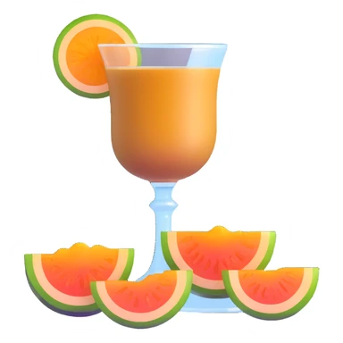 traditional layered carajillo in small clear glass showing golden liquor at bottom and coffee on top, with cantaloupe melon slice beside it sticker