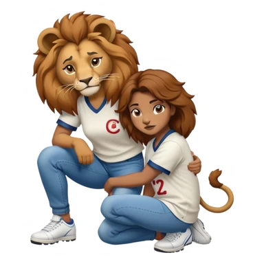 confident anthropomorphised female lion wearing a baseball shirt, jeans, and trainers, crouched on her hunches, comforting another character sticker
