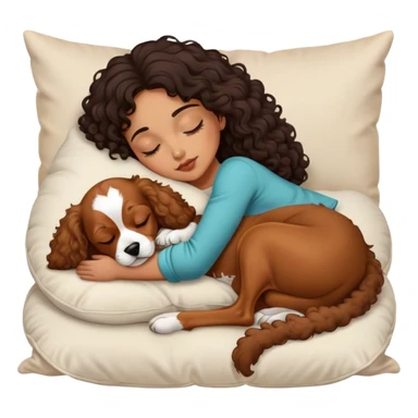 Curly dark hair medium length mixed girl sleeping on pillow with cavalier dog sticker