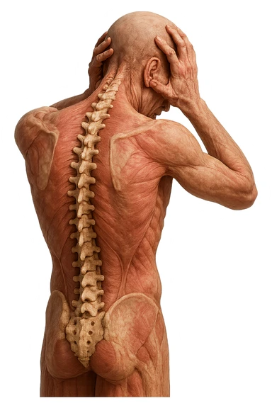 CORPO UMANO ANATOMICO con spina dorsale in evidenza, molto stanca e stressata mentre si tiene le mani sulla testa, IPERREALISTICO 4K sticker