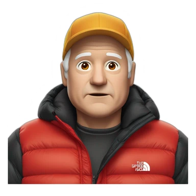 old white man overweight with black and red supreme north face puffy jacket  upper body bust sticker