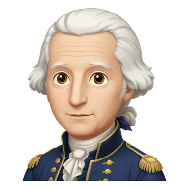 George Washington as an apple style emoji, white hair, colonial attire, friendly expression sticker