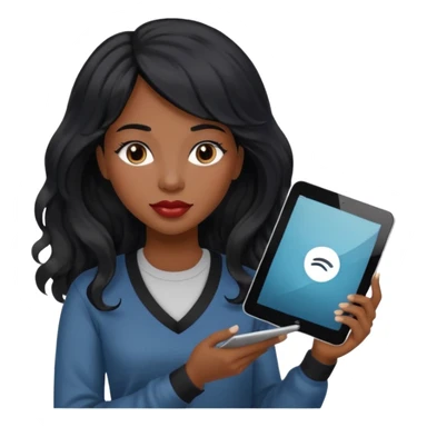 A young woman with long black hair, a wavy frange falling on half of her head.  She's black, medium to dark skinned with thick lips. She's holding something that let's us know she's the CEO of a creative agency, but she's wearing casual clothes. she has long eyelashes. sticker