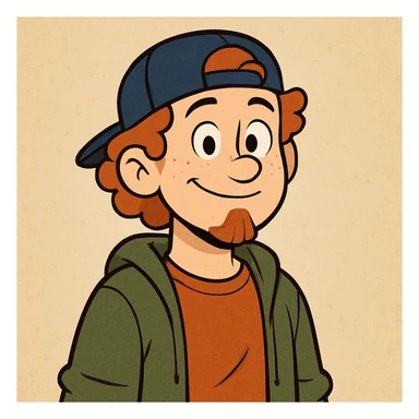 A boy with a backward cap, curly orange hair, and a goatee sticker