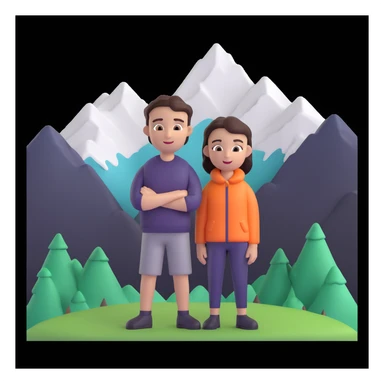 back packer couple posing, mountains in background,   close up pose sticker
