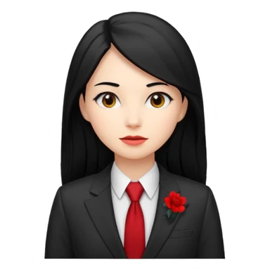 female boss in suit, long black hair, red tie sticker