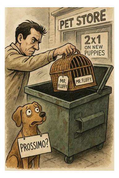 "Primo piano dell'uomo che butta il cesto del gatto (con ancora la scritta 'Mr. Fluffy') nel cassonetto, mentre il cane lo guarda terrorizzato con un cartello al collo: 'PROSSIMO?'. Sullo sfondo, un negozio di animali con l'insegna '2x1 su nuovi cuccioli'. Stile illustrazione editoriale, inchiostro e acquerello." sticker