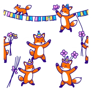 group of animals (fox, rabbit, bear) dancing around a maypole with ribbons, flower crowns, Midsommar festival atmosphere, magical spring scene sticker