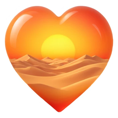 Add a realistic sun inside the glass heart, above the desert sand dunes, keep the glass look and no vegetation, 3D emoji style, with no background sticker