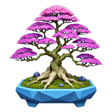 Futuristic wild glowing et alien moss maples Bonsai hair-fine-leaf group crimson crystal boxwood purple and cream pink blue informal rocky cliffhanger eight tree forest planting in shallow origami slab style pot with big feet  sticker