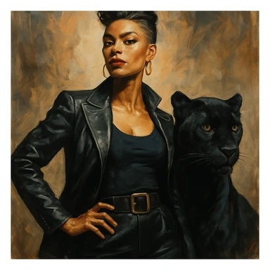 a confident woman with a panther at her side, strong, bold style, detailed, artistic sticker
