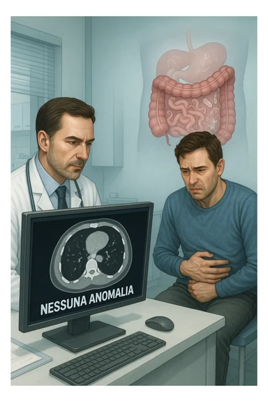 Medico in camice bianco in uno studio moderno, mentre osserva una TAC o ecografia su uno schermo con espressione convinta. Accanto a lui, un paziente seduto che lamenta dolori intestinali. Sullo sfondo, un’immagine traslucida dell’intestino pieno di piccoli parassiti stilizzati (vermi, protozoi), non visibili nel monitor medico. Il monitor mostra 'nessuna anomalia', ma dietro c’è la realtà invisibile. Atmosfera clinica ma con contrasto simbolico tra 'ciò che si vede' e 'ciò che sfugge'. Colori freddi, luce ospedaliera in italiano sticker