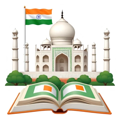 An icon featuring the Taj Mahal and the flag of India, symbolizing the Hindi language. The design includes an open book with hindi text, representing language learning and cultural richness. Transparent background highlights the heritage of India. sticker