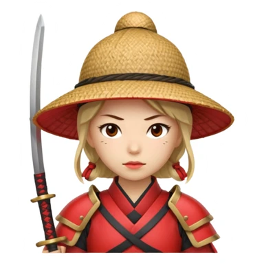 Samurai with straw hat, Warrior in red samurai armor, female, with katana sticker
