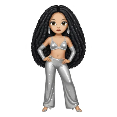 Diana Ross with long black hair, silver sequin bra, silver sequin baggy pants sticker