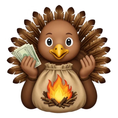 Can you create a turkey warming up a bag of money by a fire sticker