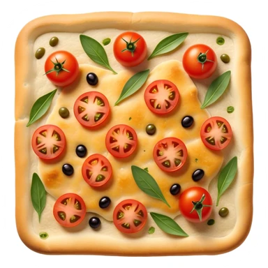 cinematic-realistic-focaccia-bread-dish-emoji,-depicted-as-a-golden,-olive-oil-brushed-flatbread-sprinkled-with-herbs-rendered-with-lifelike-texture-and-soft,-appetizing-lighting showing olives on top and the cherry tomatoes sticker