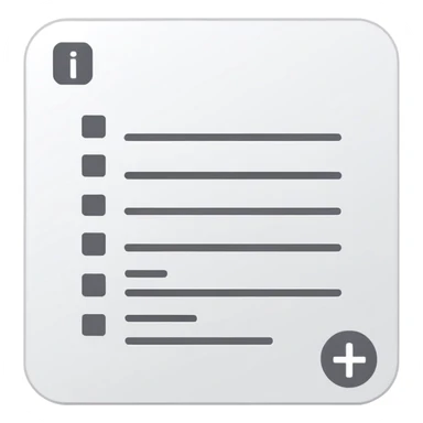 white document with rounded corners, gray plus sign in top left, three gray lines below as text, minimalist flat design sticker