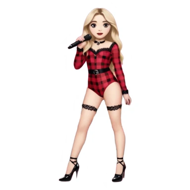 Sabrina carpenter singing at concert wearing a black and red plaid bodysuit a red sheer top over it , a strip of black lace around her leg, black sparkle heels. there is a  huge crowd and light pink stage setting  sticker