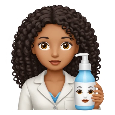 Uma boneca morena com olhos castanhos e cabelo cacheado longo preto, com creme de pentear na mão da Salon line sticker