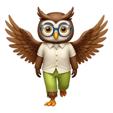 friendly anthropomorphised night owl with wings instead of arms, colourful pants and shirt, wearing glasses, walking upright, night owl features and colours, unique pose 2 sticker