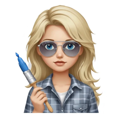 girl with long blond messy hair, wearing grey plaid shirt with blue eyes and aviator sunglasses wearing a ring on her silver necklace, holding a paint brush roller with white paint on her face sticker
