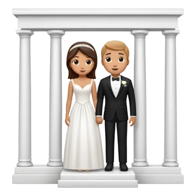 A 3D cartoon photo frame showing a formal courthouse wedding scene with a bride and groom standing together in front of white columns, neutral background, elegant lighting, realistic Memoji-style. sticker