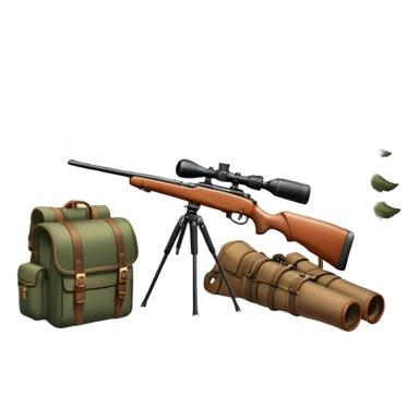 Icon for Hunting Tourism: a hunting rifle, binoculars, and animal tracks in the snow, with a forest background and a hunter’s backpack. The icon should represent the adventure and experience of hunting in nature. Transparent background. sticker