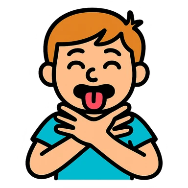 person pretending to choke themselves in a slapstick, exaggerated way, silly face, tongue out, comical hands on neck, vibrant colors sticker