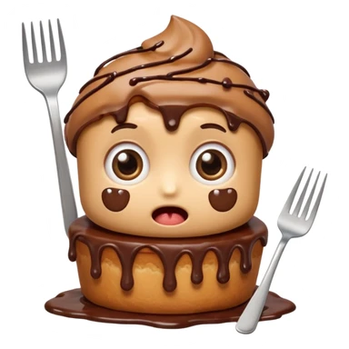 Funny cartoon chocolate mini pastry, holding tiny fork, wide shocked eyes, messy chocolate dripping, chibi style, Twitch emoji style, transparent background, colorful
 sticker
