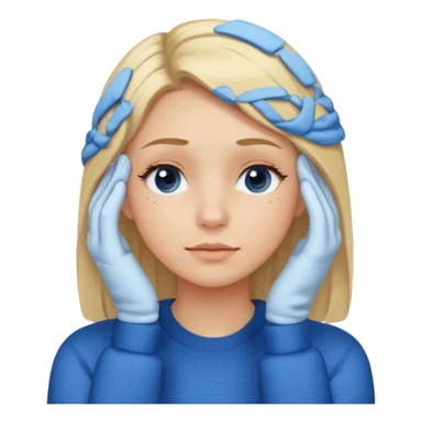 Girl massaging her head with blonde hair with anti-dark circles patches dressed in a blue sweater sticker