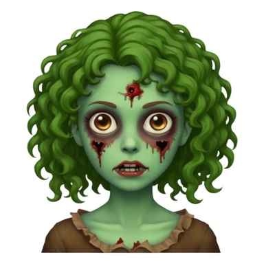 faça uma garota zombie, com a pele verde, cabelo castanho cacheado abaixo do ombro linda sticker