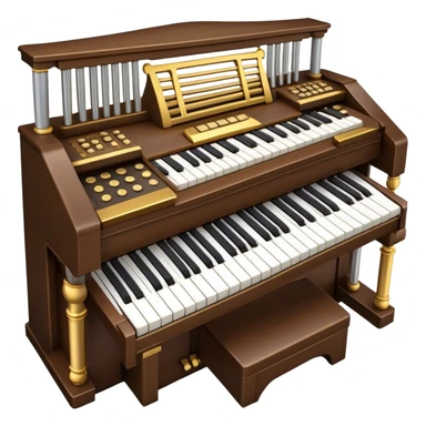 Create an elegant and majestic emoji representing a classical organ. The design should feature the grand pipes of the organ in the background, with visible details of the keys and pedalboard in the foreground. The pipes should be tall and impressive, with a mixture of gold, silver, and metallic shades to emphasize the grandeur of the instrument. The keyboard and pedals should be well-defined, capturing the intricate craftsmanship of the organ. Use dark wood tones and gold accents for the body of the instrument to give it a rich, historic feel. Add subtle musical notes around the organ to evoke its deep, resonant sound. The background should be transparent. sticker