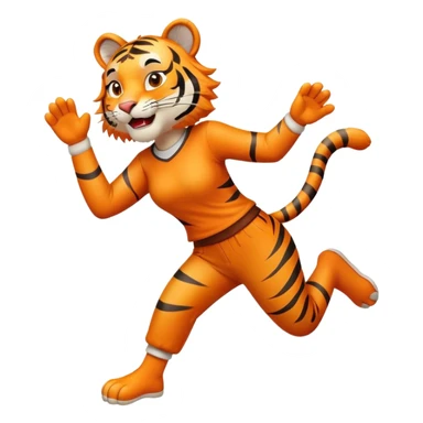friendly anthropomorphised female tiger in a shirt and pants leaping, energetic pose sticker