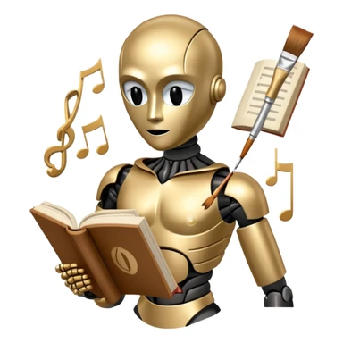 A metallic humanoid figure whose torso is a circle divided into 4 clear segments, each segment containing a distinct icon: paintbrush (visual arts), music note (musical arts), theater masks (theatrical arts), and an open book (literary arts) sticker