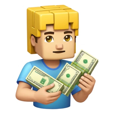 emoji style icon, minecraft blocky character holding a stack of money, pixel art style, bright colors, simple background, 3D glossy emoji, centered composition, soft shadow, high detail, clean outline, white background sticker