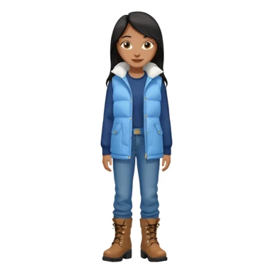 asin girl with black long slick backed hair wearing a dark blue long shirt and a puffy white sleeveless jacket on outside and light blue very baggy jeans with brown boots sticker