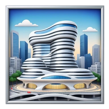 Realistic Dongdaemun Design Plaza (DDP) Landmark Emoji, featuring the iconic curving silver structure with futuristic architecture, illuminated pathways, and a sleek modern design set against the Seoul cityscape. sticker