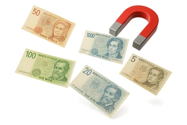 cinque banconote fluttuano in aria attratte da una calamita rossa, iperrealistica 4k, isolato su sfondo bianco sticker